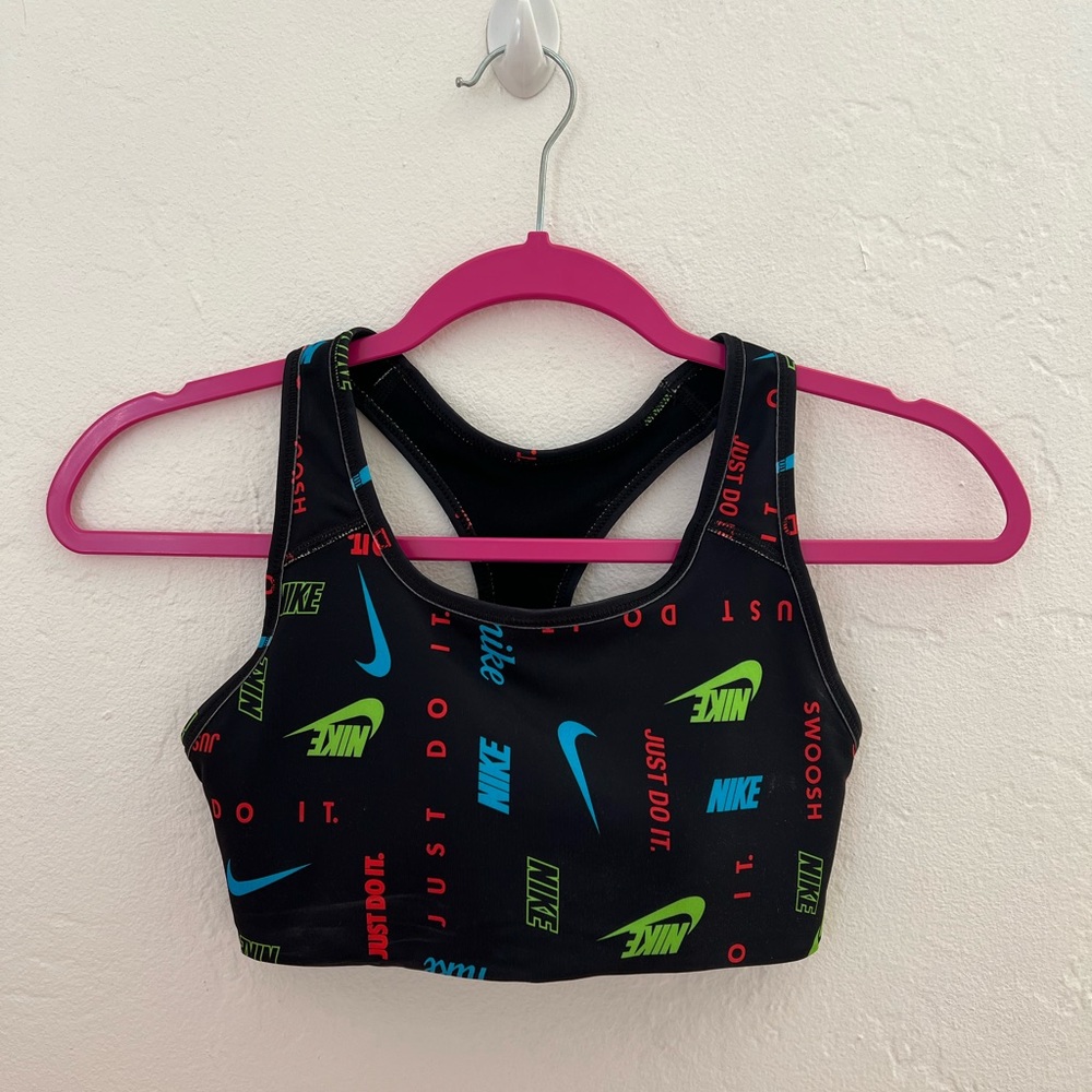 Nike Black Padded Sports Bra with Blue, Green, and Red Logos